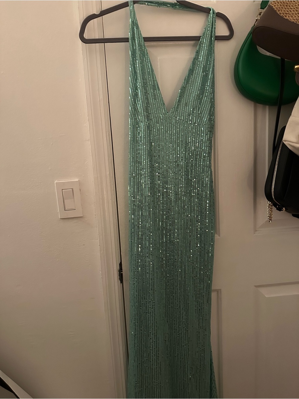 Sequin Mint Green V-Neck Evening Gown